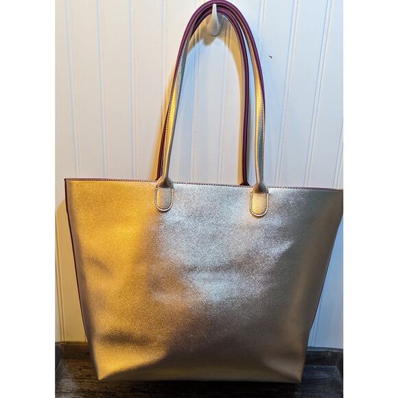 Bath & Body Works Pink Metallic Large Tote Zipper Closure Purple Interior - Picture 1 of 4